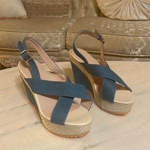 Women Cross Strap Slingback Sandals, Vacation Denim Wedge Sandals